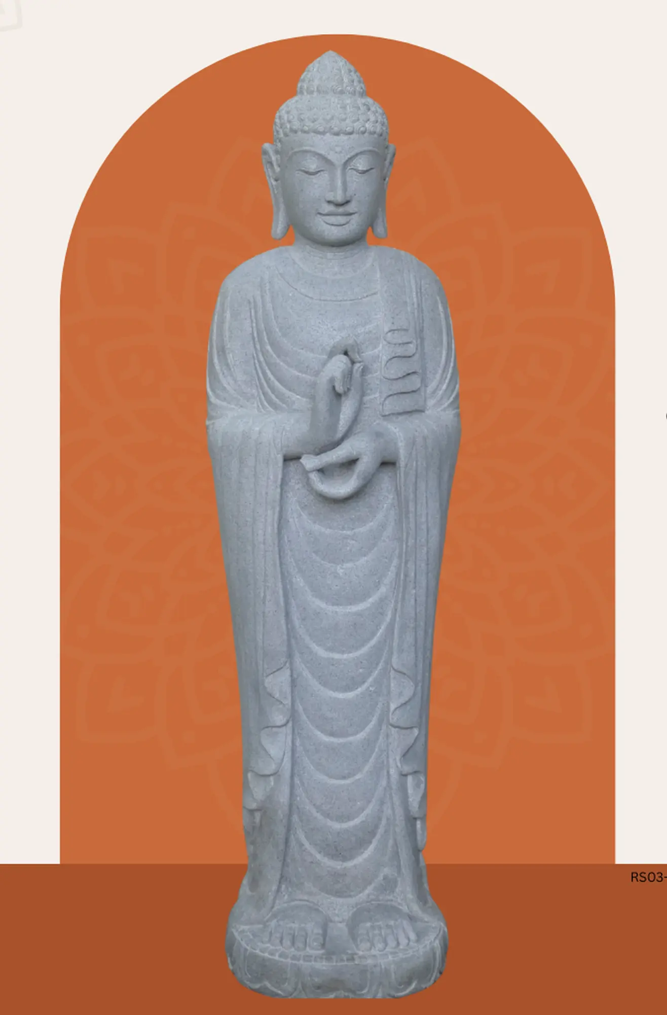  Product image 1 of the product “Standing Buddha made of Riverstone in Dharmachakra position - gesture of wheel of the teaching of Dharma. About 143cm height ”